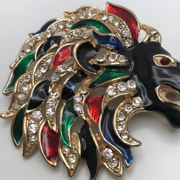 VTG Lion With Rhinestones Gold Tone Enamel Painted Multicolor Pin Brooch Leo - Picture 3 of 8